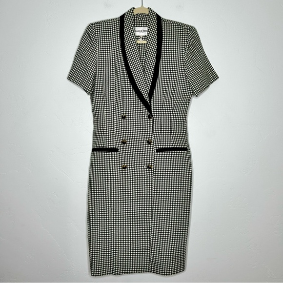 Vintage Dresses & Skirts - Vintage Green Cream Gingham Blazer Dress Double Breasted Size 10/12 Fall Office